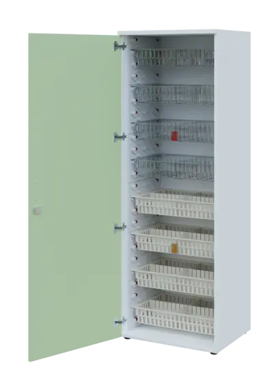 EUROMEDICA D - 66/M skříň léková boxová, 1-dveřová, levá, 1950x660x535, korpus bílý, dvířka šedo-zelinkavá